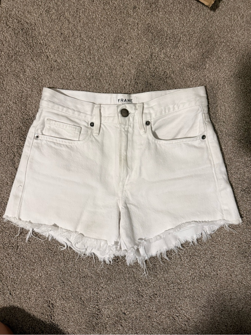 Frame Denim White Frayed Hem High-Rise Jean Shorts